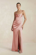 Cami Strap Corset Sheath Satin Ruched Bridesmaid Dress in Champagne Rose - KissProm Bridesmaid Dresses