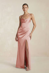 Cami Strap Corset Sheath Satin Ruched Bridesmaid Dress in Champagne Rose - KissProm Bridesmaid Dresses