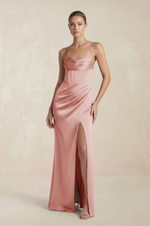 Cami Strap Corset Sheath Satin Ruched Bridesmaid Dress in Champagne Rose - KissProm Bridesmaid Dresses