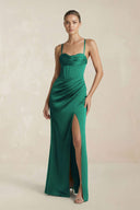 Cami Strap Corset Sheath Satin Ruched Bridesmaid Dress in Dark Green - KissProm Bridesmaid Dresses