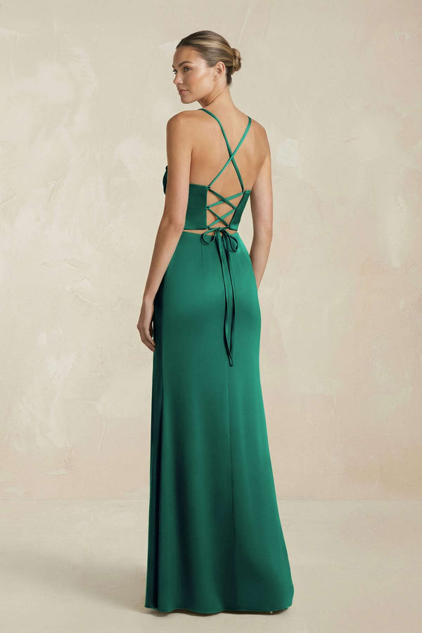 Cami Strap Corset Sheath Satin Ruched Bridesmaid Dress in Dark Green - KissProm Bridesmaid Dresses