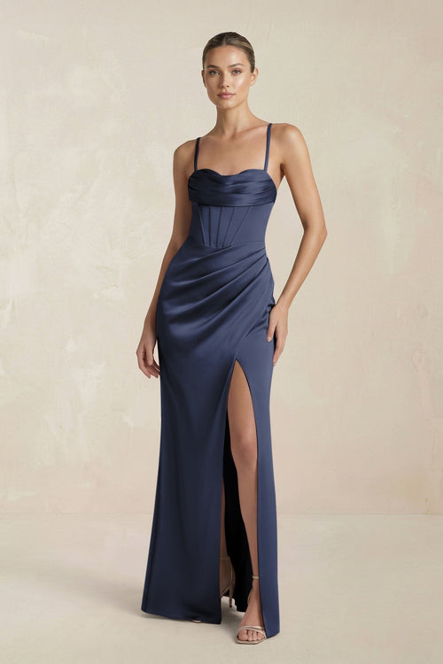 Cami Strap Corset Sheath Satin Ruched Bridesmaid Dress in Dark Navy - KissProm Bridesmaid Dresses