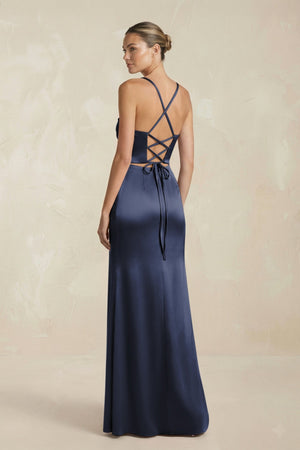 Cami Strap Corset Sheath Satin Ruched Bridesmaid Dress in Dark Navy - KissProm Bridesmaid Dresses