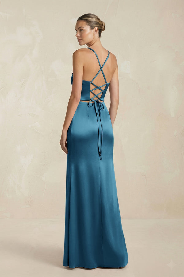 Cami Strap Corset Sheath Satin Ruched Bridesmaid Dress in Dark Teal - KissProm Bridesmaid Dresses