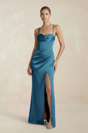 Cami Strap Corset Sheath Satin Ruched Bridesmaid Dress in Dark Teal - KissProm Bridesmaid Dresses