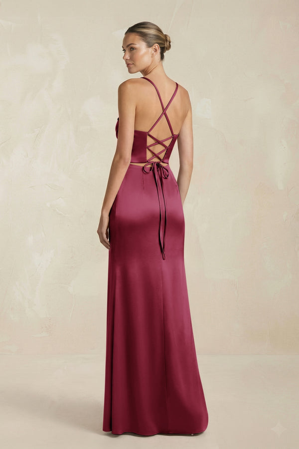 Cami Strap Corset Sheath Satin Ruched Bridesmaid Dress in Desert Rose - KissProm Bridesmaid Dresses