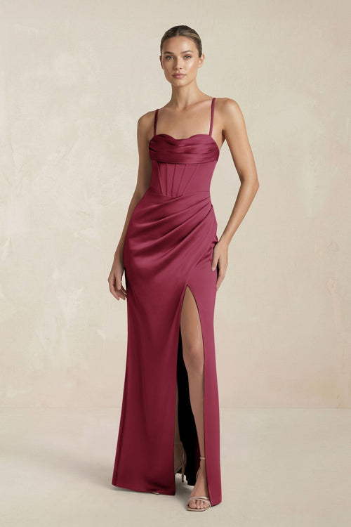 Cami Strap Corset Sheath Satin Ruched Bridesmaid Dress in Desert Rose - KissProm Bridesmaid Dresses