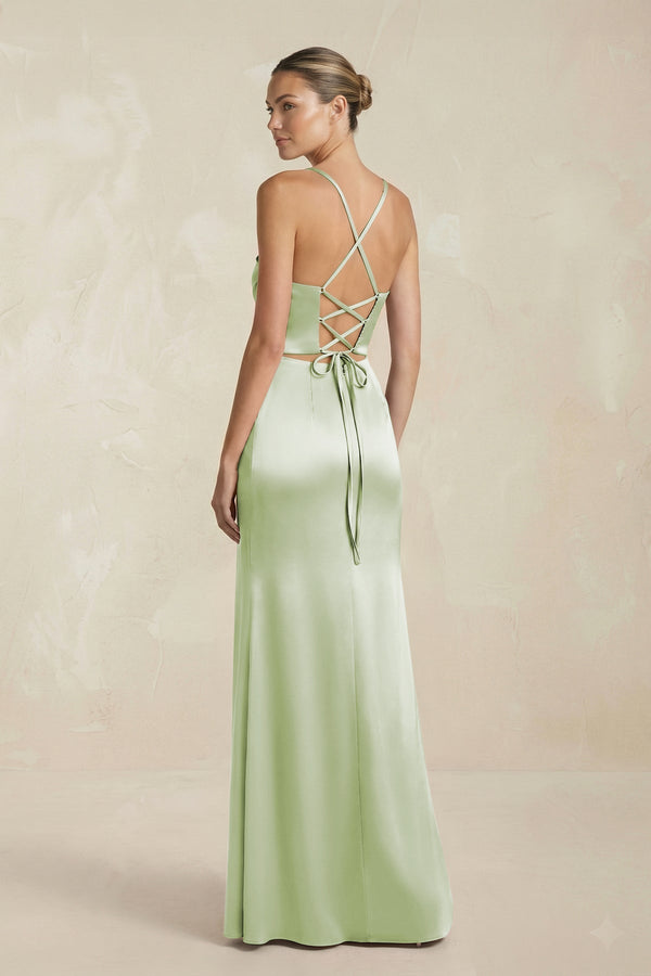 Cami Strap Corset Sheath Satin Ruched Bridesmaid Dress in Dusty Sage - KissProm Bridesmaid Dresses