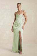 Cami Strap Corset Sheath Satin Ruched Bridesmaid Dress in Dusty Sage - KissProm Bridesmaid Dresses
