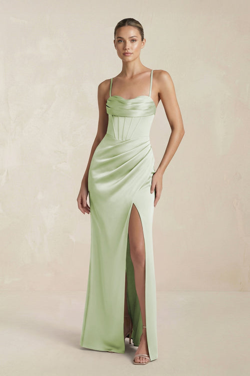 Cami Strap Corset Sheath Satin Ruched Bridesmaid Dress in Dusty Sage - KissProm Bridesmaid Dresses