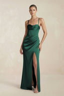 Cami Strap Corset Sheath Satin Ruched Bridesmaid Dress in Emerald - KissProm Bridesmaid Dresses