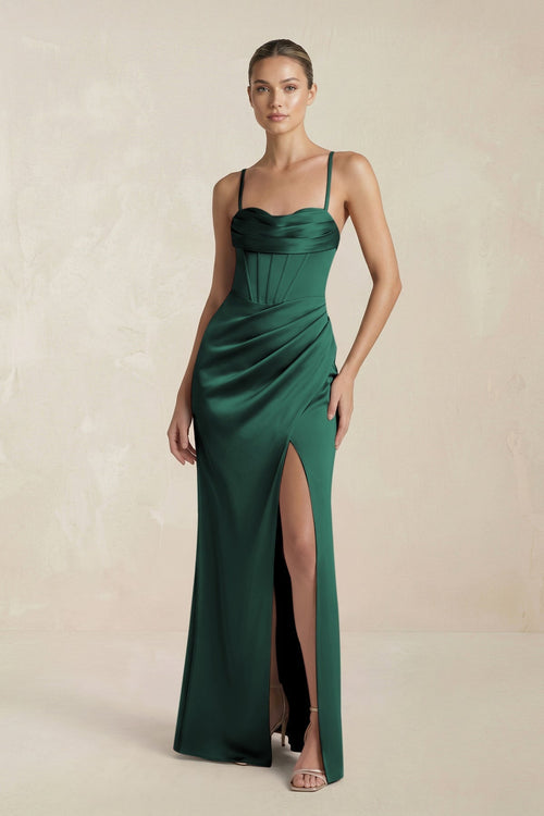 Cami Strap Corset Sheath Satin Ruched Bridesmaid Dress in Emerald - KissProm Bridesmaid Dresses
