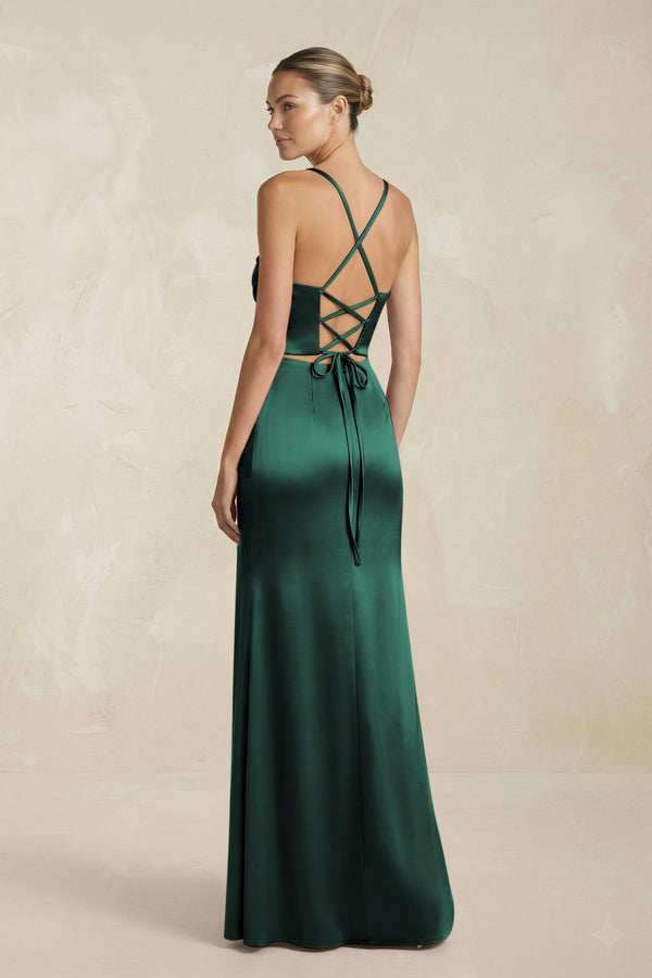 Cami Strap Corset Sheath Satin Ruched Bridesmaid Dress in Emerald - KissProm Bridesmaid Dresses