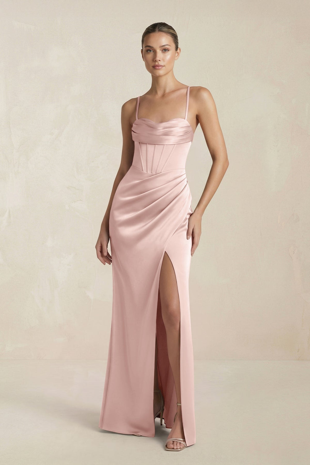 Cami Strap Corset Sheath Satin Ruched Bridesmaid Dress in English Rose - KissProm Bridesmaid Dresses