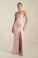 Cami Strap Corset Sheath Satin Ruched Bridesmaid Dress in English Rose - KissProm Bridesmaid Dresses