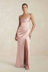 Cami Strap Corset Sheath Satin Ruched Bridesmaid Dress in English Rose - KissProm Bridesmaid Dresses