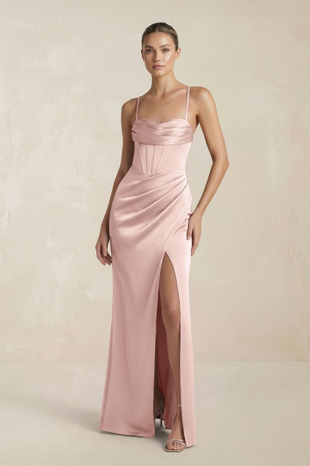 Cami Strap Corset Sheath Satin Ruched Bridesmaid Dress in English Rose - KissProm Bridesmaid Dresses
