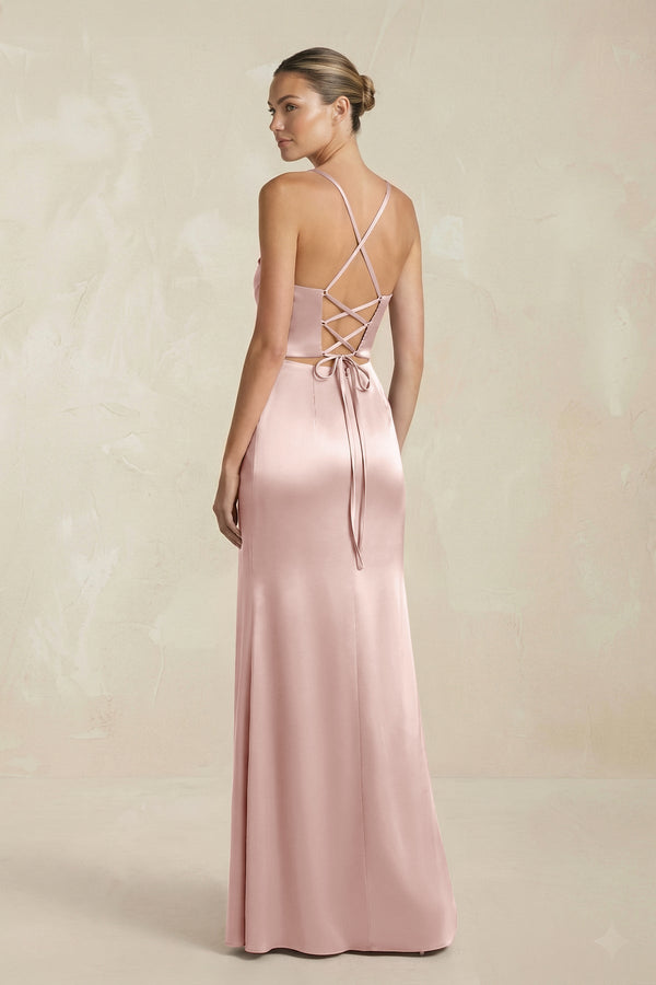 Cami Strap Corset Sheath Satin Ruched Bridesmaid Dress in English Rose - KissProm Bridesmaid Dresses