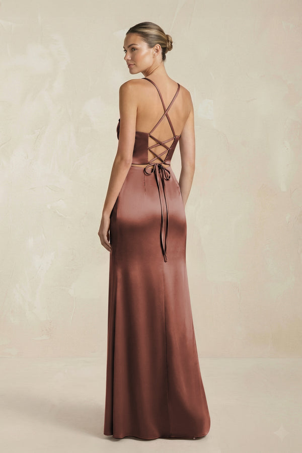 Cami Strap Corset Sheath Satin Ruched Bridesmaid Dress in Espresso - KissProm Bridesmaid Dresses