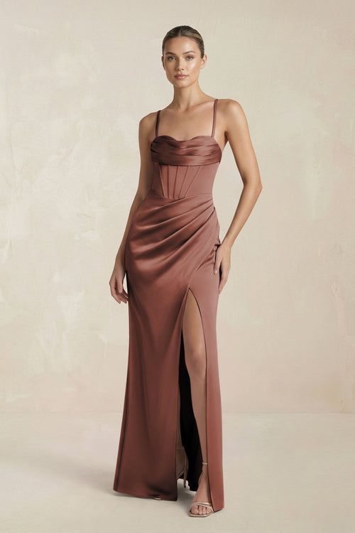 Cami Strap Corset Sheath Satin Ruched Bridesmaid Dress in Espresso - KissProm Bridesmaid Dresses