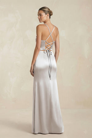 Cami Strap Corset Sheath Satin Ruched Bridesmaid Dress in Frost - KissProm Bridesmaid Dresses
