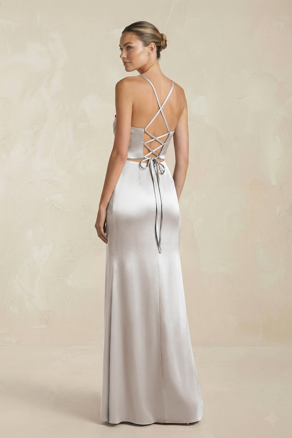 Cami Strap Corset Sheath Satin Ruched Bridesmaid Dress in Frost - KissProm Bridesmaid Dresses
