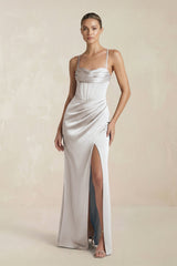 Cami Strap Corset Sheath Satin Ruched Bridesmaid Dress in Frost - KissProm Bridesmaid Dresses
