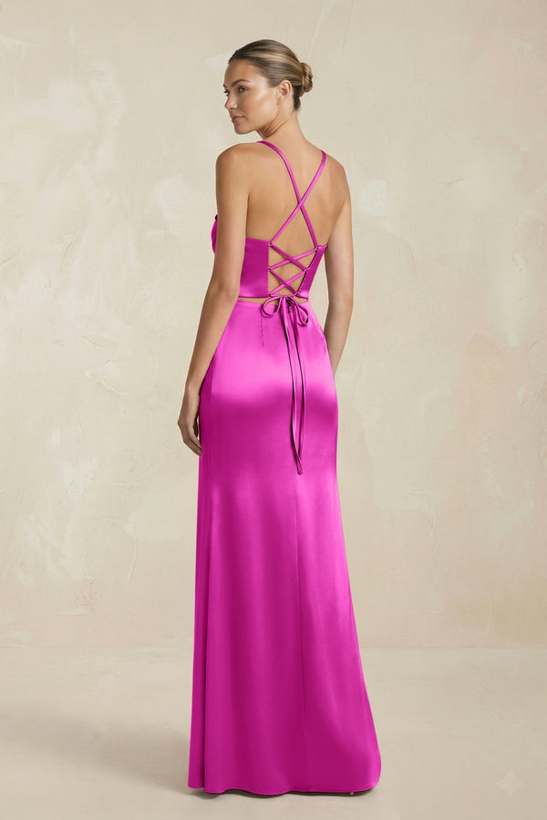 Cami Strap Corset Sheath Satin Ruched Bridesmaid Dress in Fuchsia - KissProm Bridesmaid Dresses
