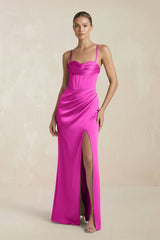 Cami Strap Corset Sheath Satin Ruched Bridesmaid Dress in Fuchsia - KissProm Bridesmaid Dresses