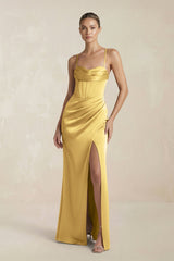 Cami Strap Corset Sheath Satin Ruched Bridesmaid Dress in Gold - KissProm Bridesmaid Dresses