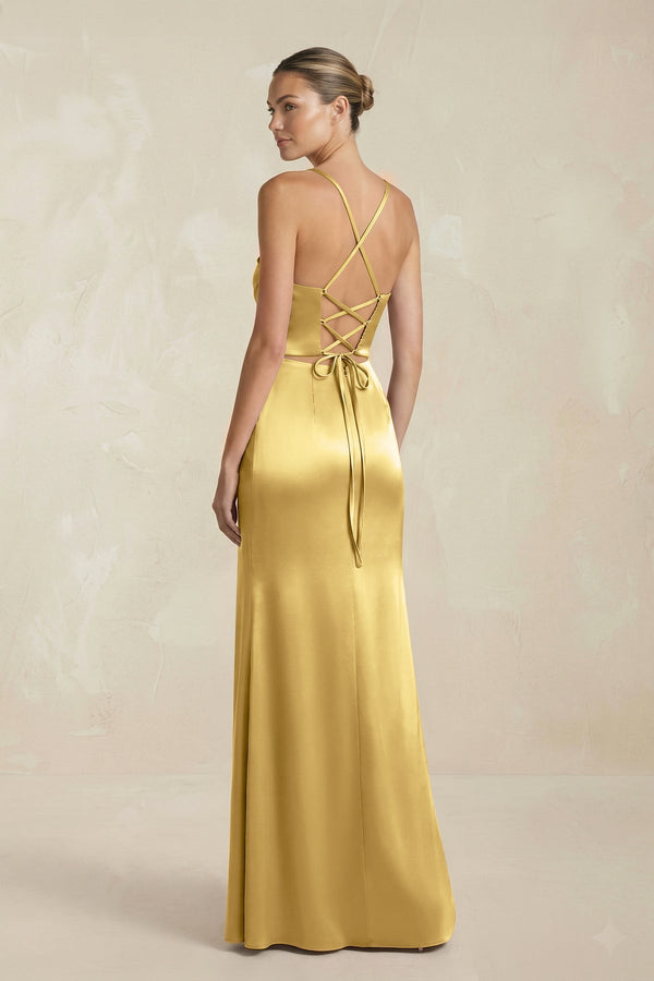 Cami Strap Corset Sheath Satin Ruched Bridesmaid Dress in Gold - KissProm Bridesmaid Dresses