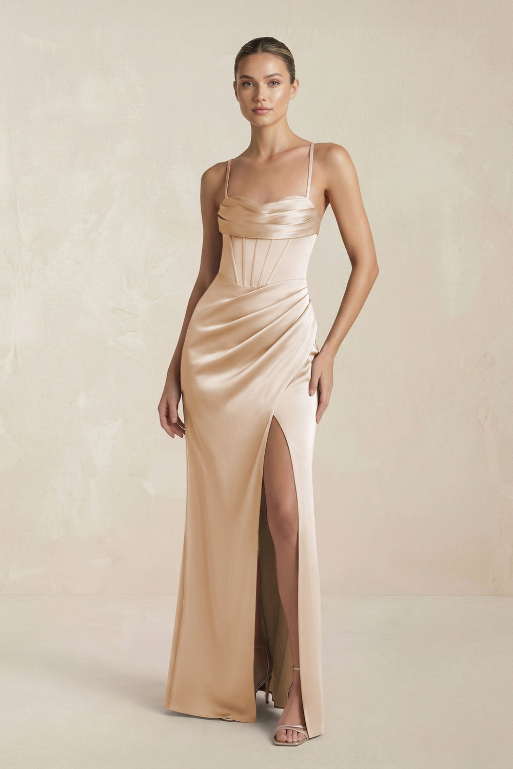 Cami Strap Corset Sheath Satin Ruched Bridesmaid Dress in Golden Champagne - KissProm Bridesmaid Dresses