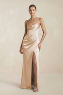 Cami Strap Corset Sheath Satin Ruched Bridesmaid Dress in Golden Champagne - KissProm Bridesmaid Dresses