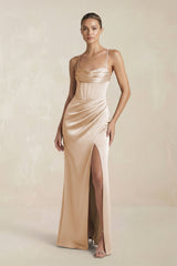 Cami Strap Corset Sheath Satin Ruched Bridesmaid Dress in Golden Champagne - KissProm Bridesmaid Dresses