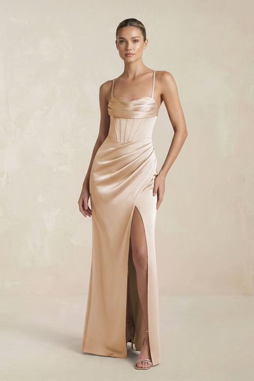 Cami Strap Corset Sheath Satin Ruched Bridesmaid Dress in Golden Champagne - KissProm Bridesmaid Dresses