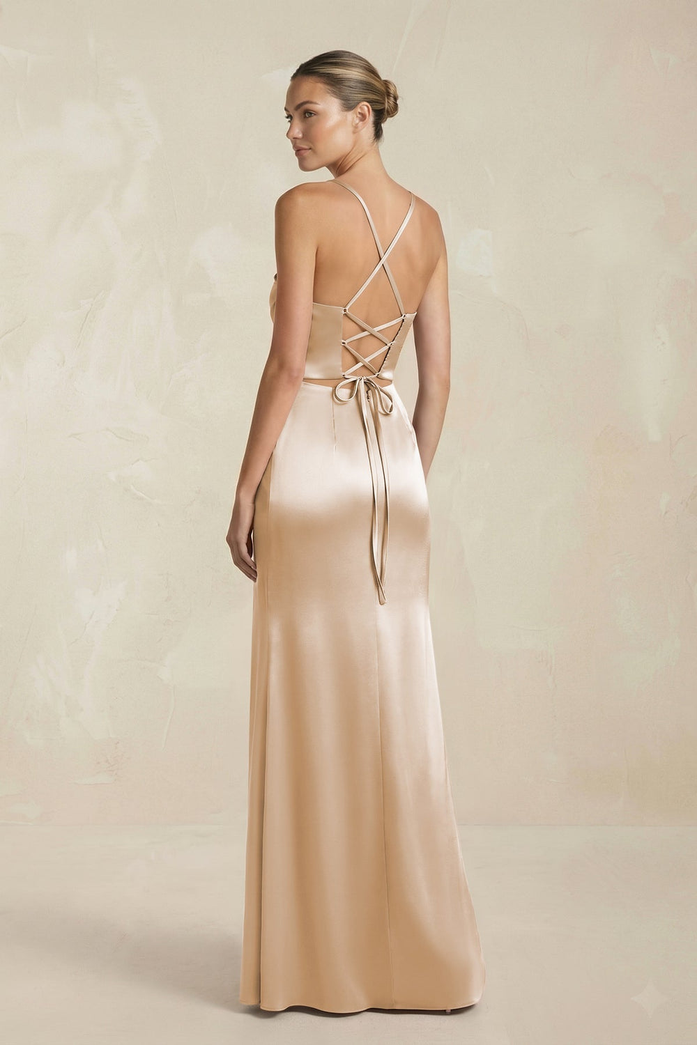Cami Strap Corset Sheath Satin Ruched Bridesmaid Dress in Golden Champagne - KissProm Bridesmaid Dresses