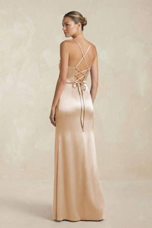 Cami Strap Corset Sheath Satin Ruched Bridesmaid Dress in Golden Champagne - KissProm Bridesmaid Dresses