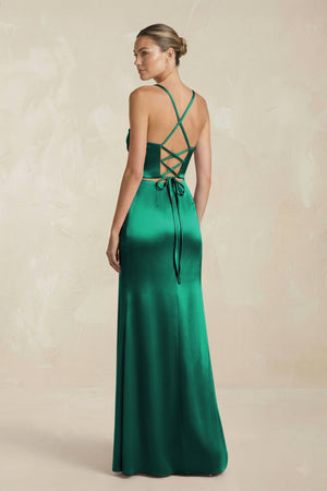 Cami Strap Corset Sheath Satin Ruched Bridesmaid Dress in Green - KissProm Bridesmaid Dresses