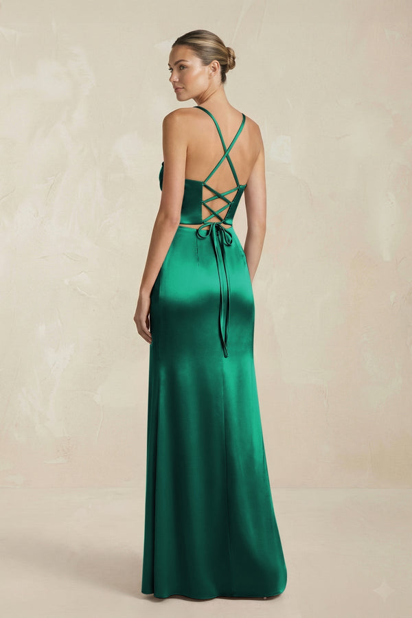 Cami Strap Corset Sheath Satin Ruched Bridesmaid Dress in Green - KissProm Bridesmaid Dresses