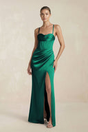 Cami Strap Corset Sheath Satin Ruched Bridesmaid Dress in Green - KissProm Bridesmaid Dresses
