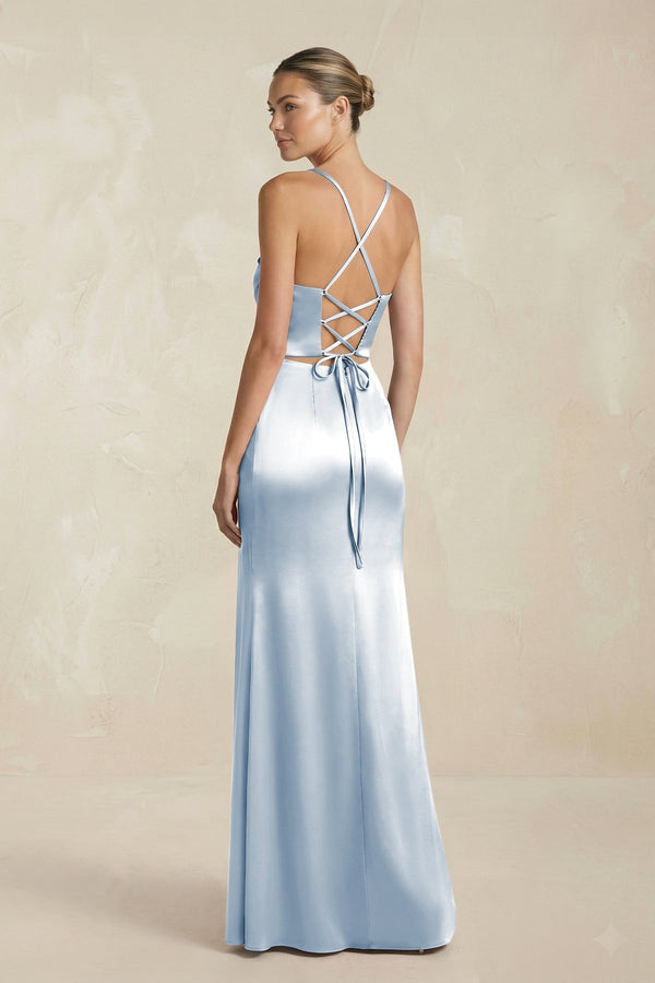 Cami Strap Corset Sheath Satin Ruched Bridesmaid Dress in Ice - KissProm Bridesmaid Dresses