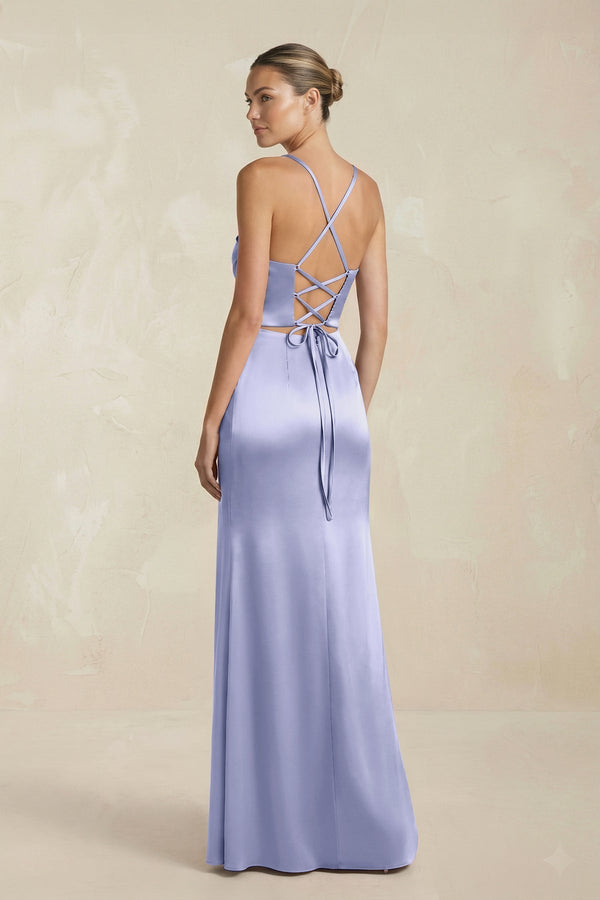 Cami Strap Corset Sheath Satin Ruched Bridesmaid Dress in Lavender - KissProm Bridesmaid Dresses
