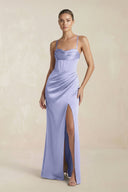 Cami Strap Corset Sheath Satin Ruched Bridesmaid Dress in Lavender - KissProm Bridesmaid Dresses