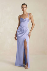 Cami Strap Corset Sheath Satin Ruched Bridesmaid Dress in Lavender - KissProm Bridesmaid Dresses