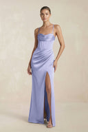 Cami Strap Corset Sheath Satin Ruched Bridesmaid Dress in Lavender - KissProm Bridesmaid Dresses