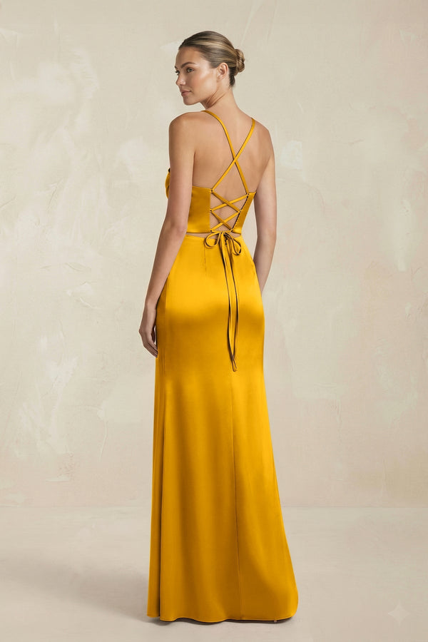 Cami Strap Corset Sheath Satin Ruched Bridesmaid Dress in Marigold - KissProm Bridesmaid Dresses