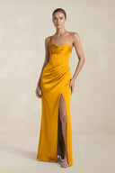 Cami Strap Corset Sheath Satin Ruched Bridesmaid Dress in Marigold - KissProm Bridesmaid Dresses