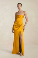 Cami Strap Corset Sheath Satin Ruched Bridesmaid Dress in Marigold - KissProm Bridesmaid Dresses
