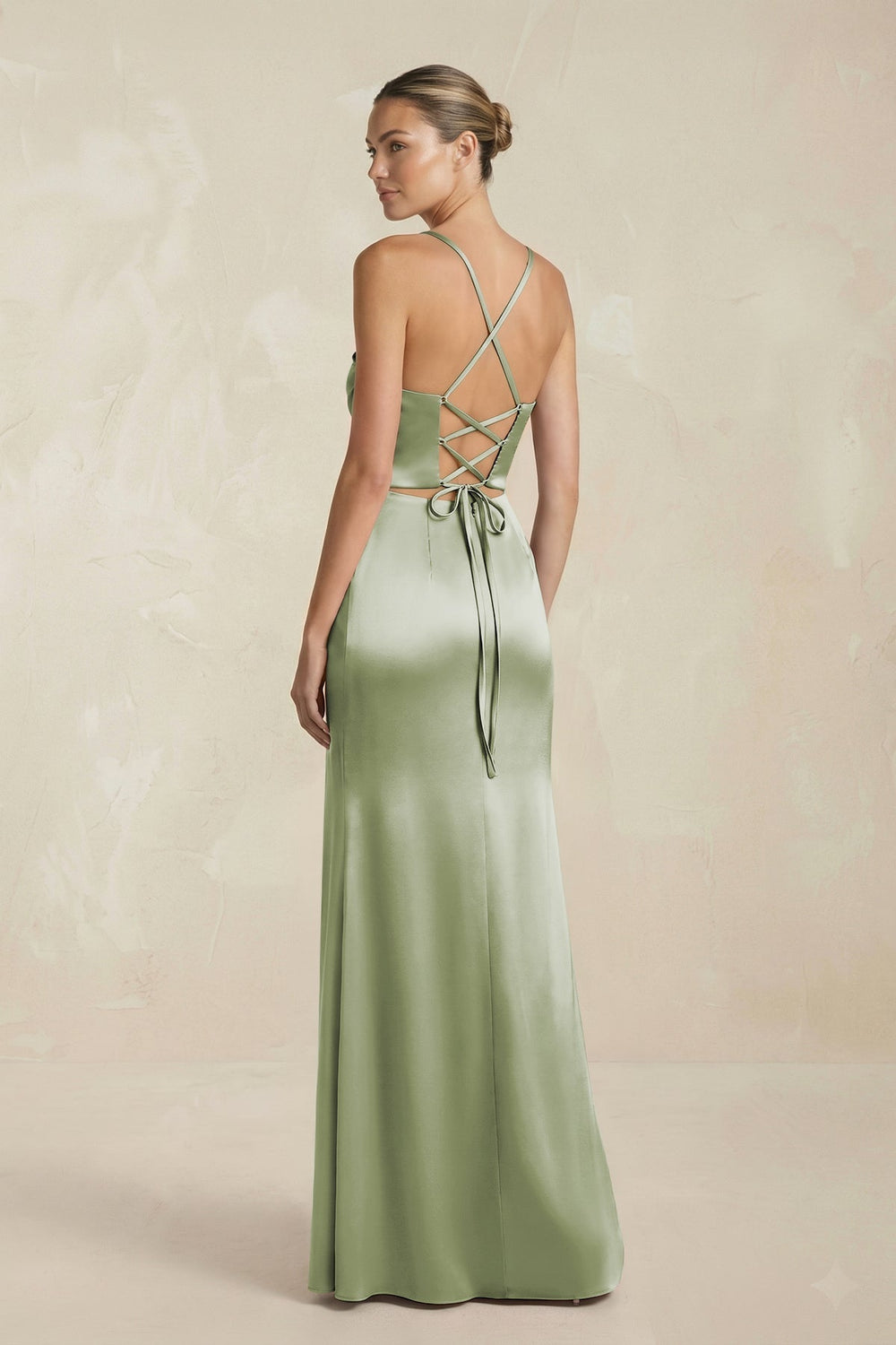 Cami Strap Corset Sheath Satin Ruched Bridesmaid Dress in Matcha - KissProm Bridesmaid Dresses