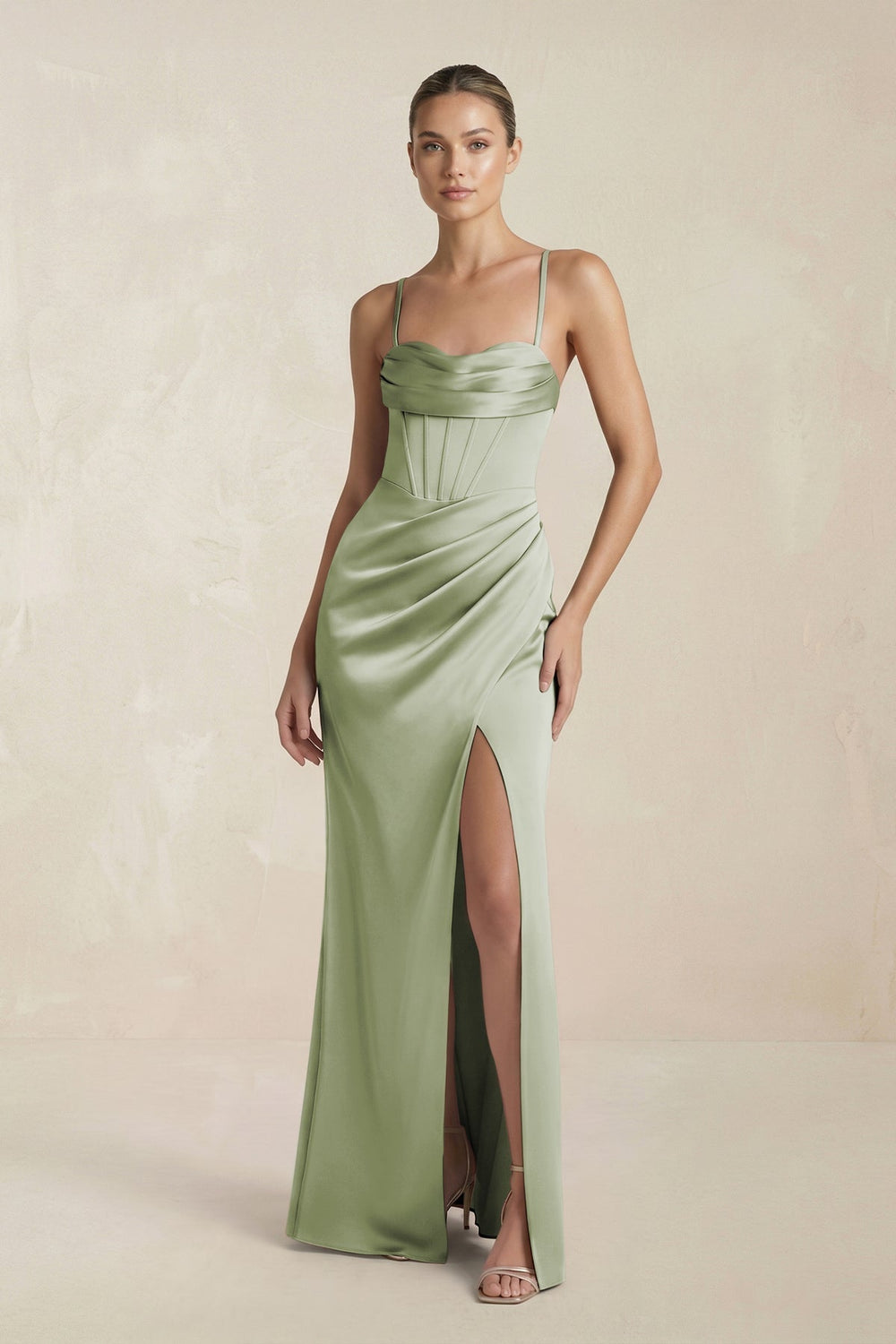 Cami Strap Corset Sheath Satin Ruched Bridesmaid Dress in Matcha - KissProm Bridesmaid Dresses